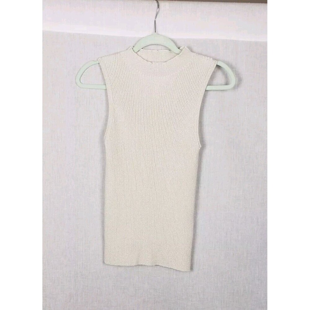 Michael Stars Tank Top M Mock Neck Beige‎ Tan Ribbed Metallic Party Holiday